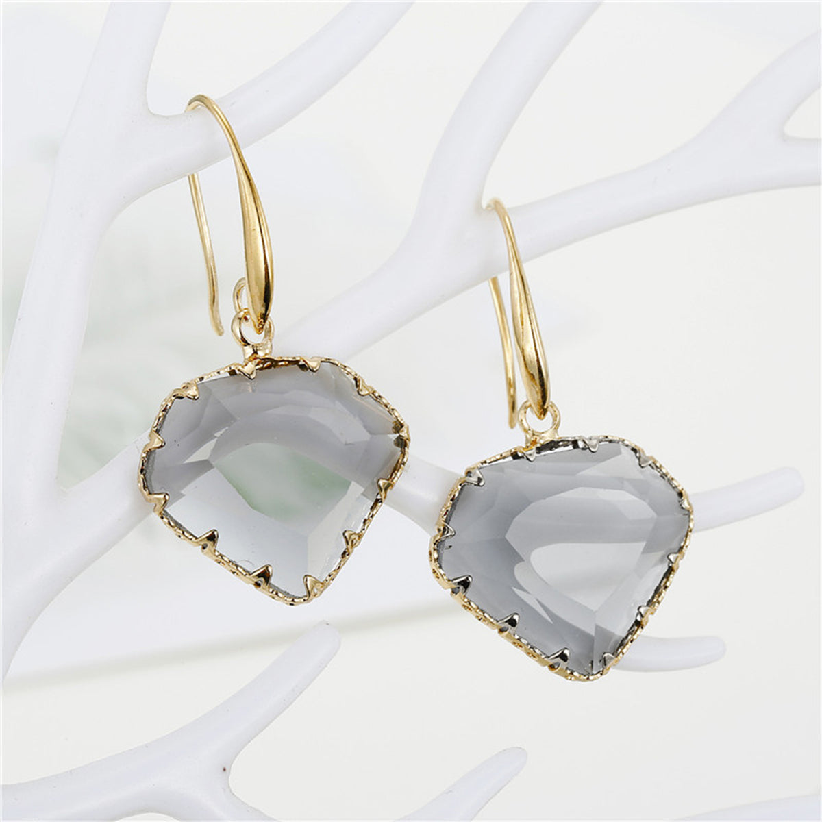 Gray Crystal and 18K Gold-Plated Drop Earrings, gold drop earrings for women, dainty minimalist design, front view