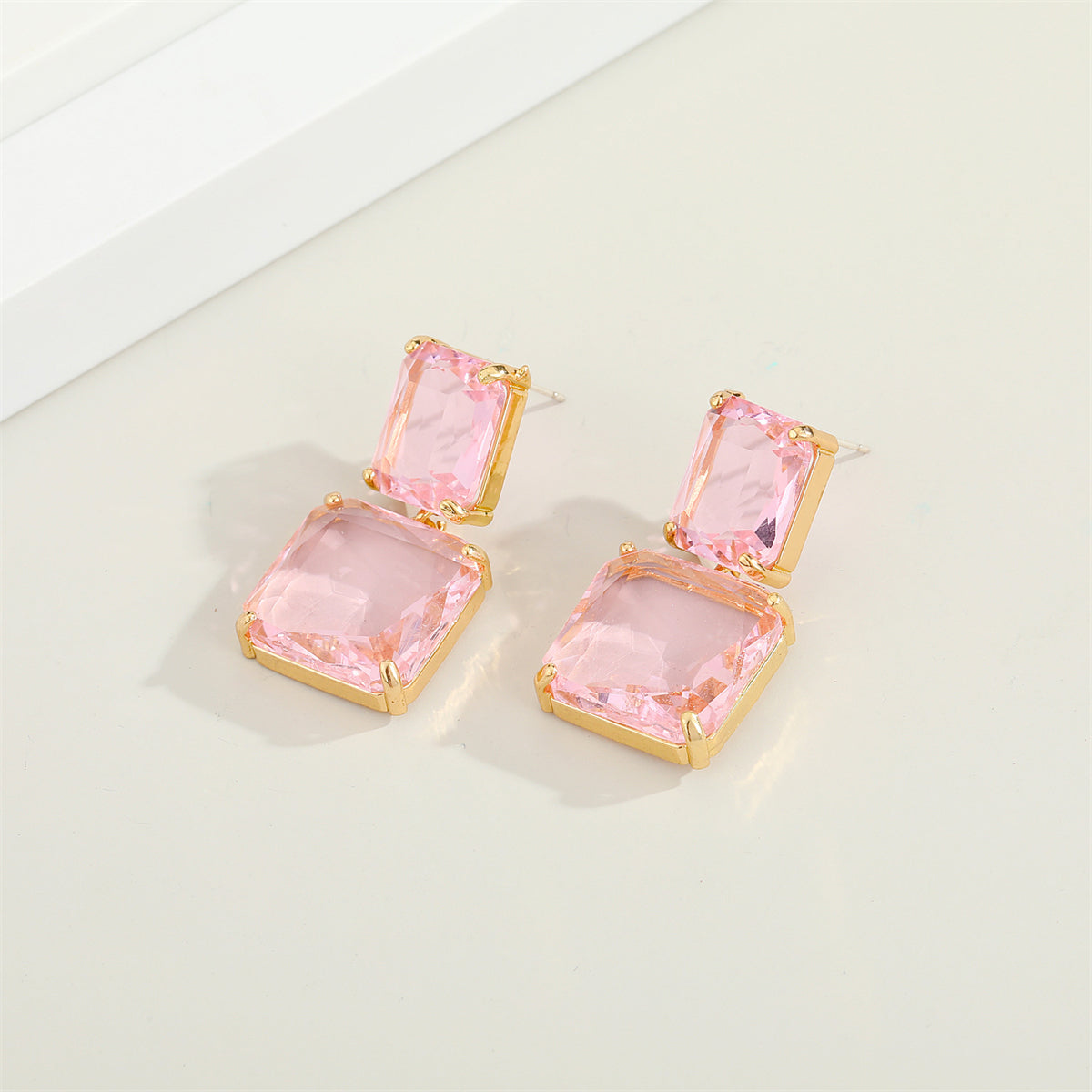 Pink Crystal and 18K Gold-Plated Double Cube Drop Earrings, gold drop earrings for women, vintage-inspired design, front view