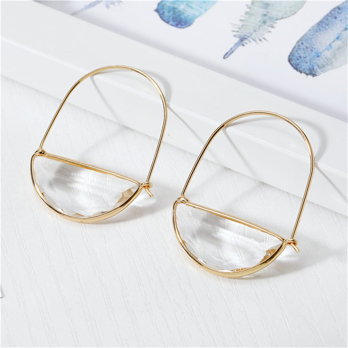 Clear Crystal and 18K Gold-Plated Half-Circle Hoop Earrings, gold drop earrings for women, front view