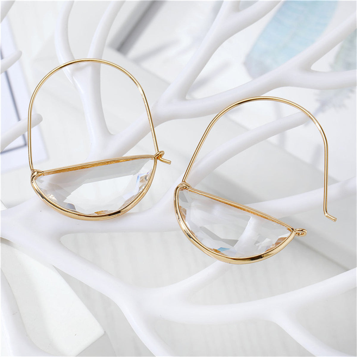 Clear Crystal and 18K Gold-Plated Half-Circle Hoop Earrings, gold drop earrings for women, detail close-up