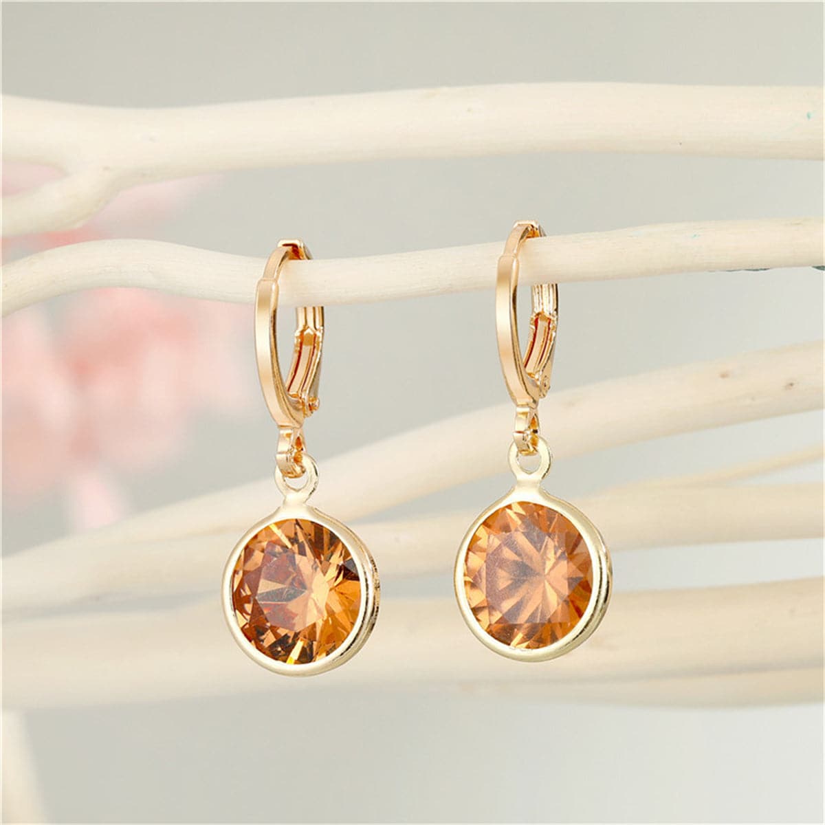 Orange Crystal and 18K Gold-Plated Round Huggie Earrings, gold huggie earrings, everyday style, front view