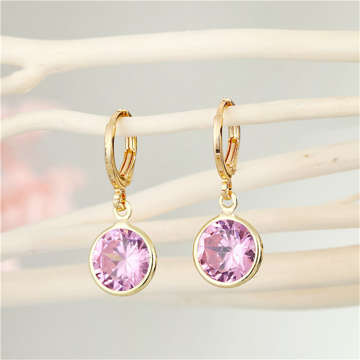 Pink Crystal and 18K Gold-Plated Round Huggie Earrings, gold huggie earrings, dainty minimalist design, front view