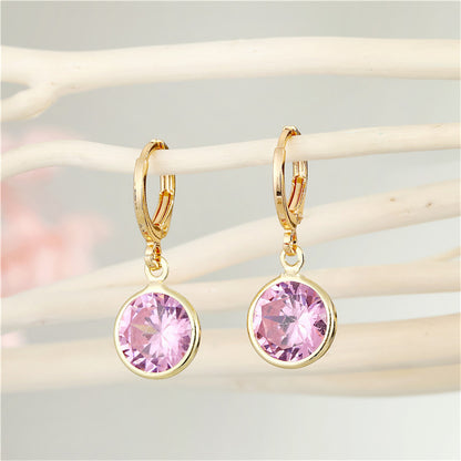 Pink Crystal and 18K Gold-Plated Round Huggie Earrings, gold huggie earrings, dainty minimalist design, front view