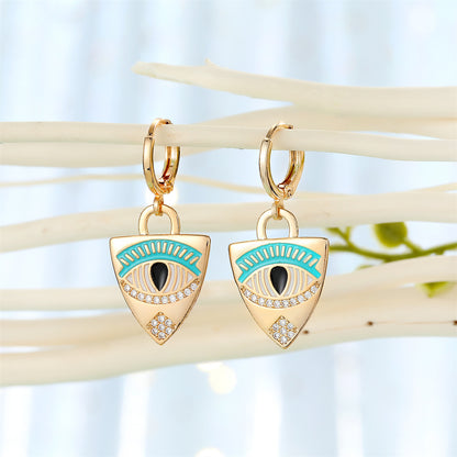 Cubic Zirconia and Enamel 18K Gold-Plated Eye Shield Drop Earring, gold huggie earrings, botanical inspired, side view