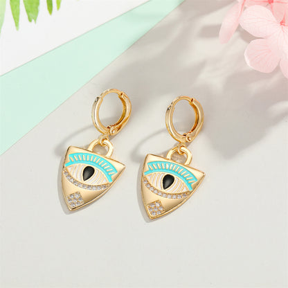 Cubic Zirconia and Enamel 18K Gold-Plated Eye Shield Drop Earring, gold huggie earrings, botanical inspired, lifestyle look