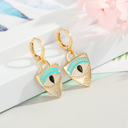 Cubic Zirconia and Enamel 18K Gold-Plated Eye Shield Drop Earring, gold huggie earrings, botanical inspired, detail close-up