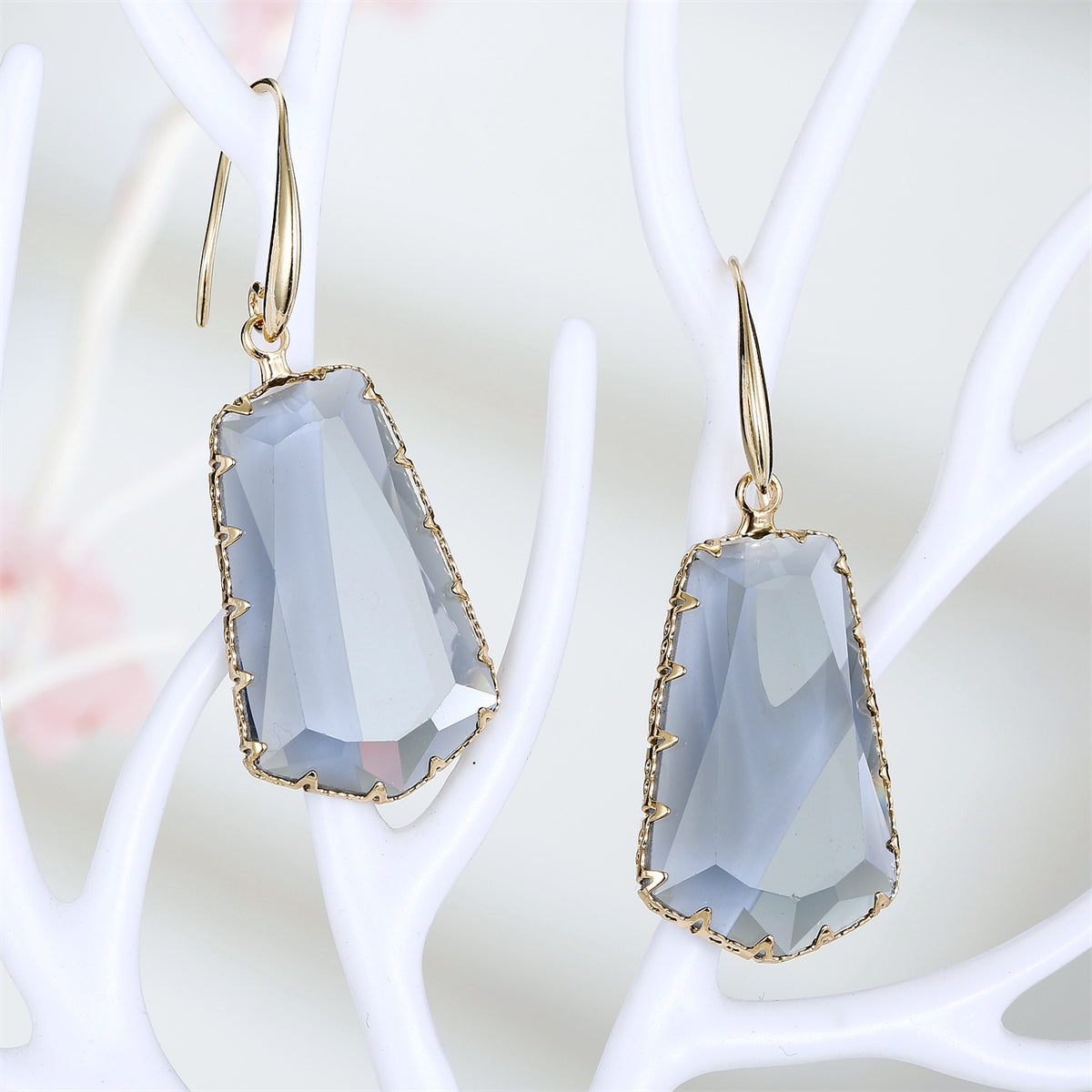 Gray Crystal and 18K Gold-Plated Ladder Drop Earrings, gold drop earrings for women, botanical inspired, front view