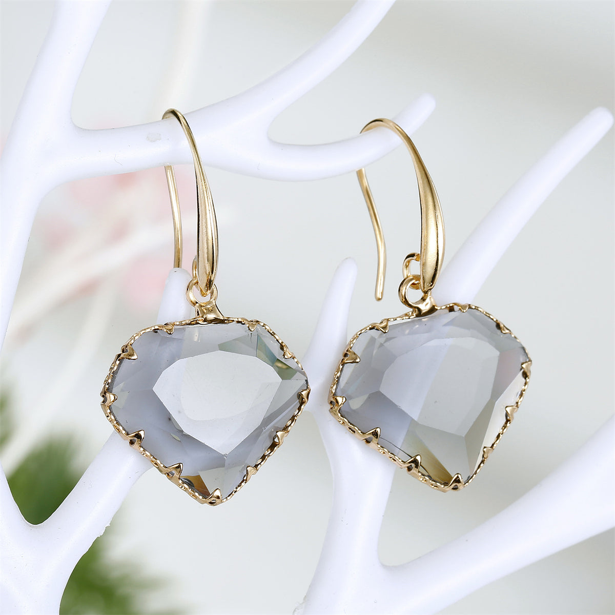 Gray Crystal and 18K Gold-Plated Diamond-Shape Drop Earrings, gold drop earrings for women, everyday style, front view