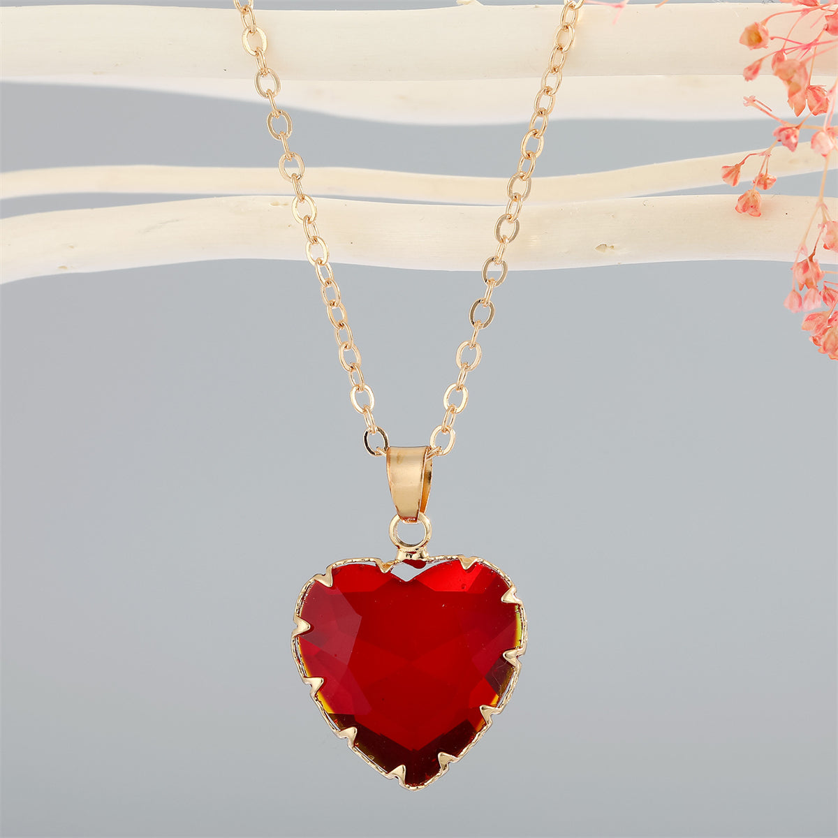 Red Crystal and 18K Gold-Plated Heart Pendant Necklace, gold pendant necklace for women, vintage-inspired design, front view