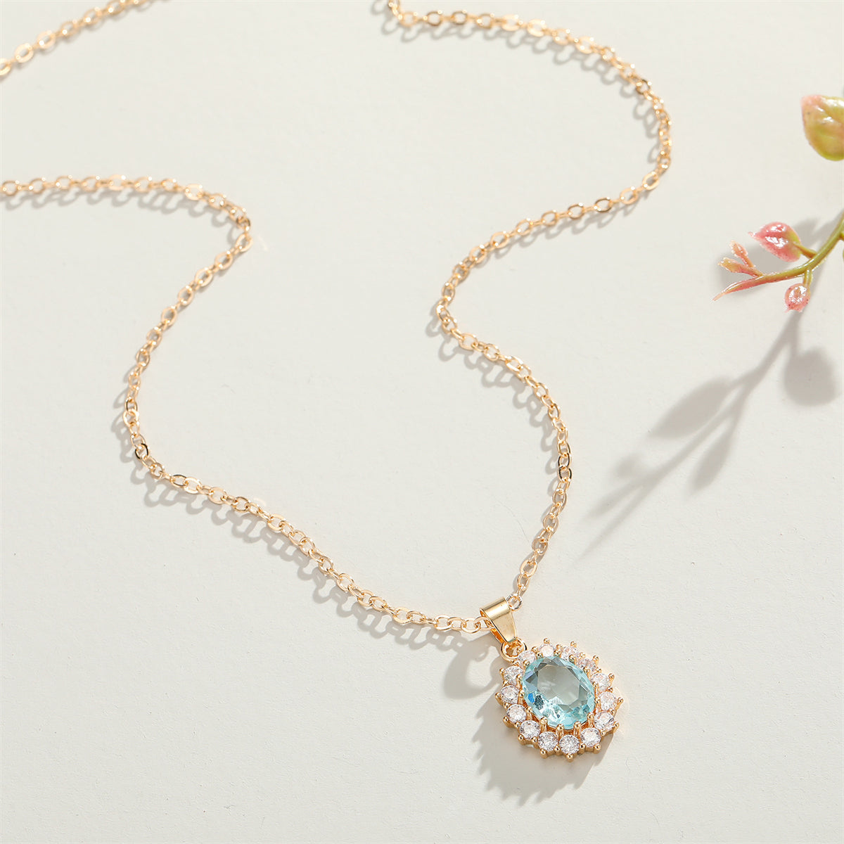 Blue Crystal and Cubic Zirconia Oval Pendant Necklace, pendant necklace for women, vintage-inspired design, front view