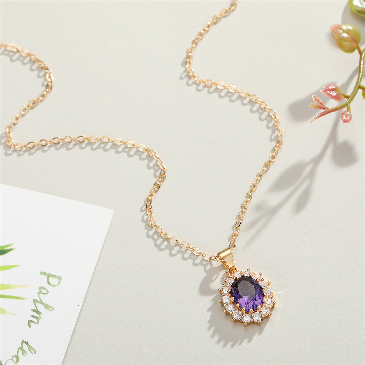 Purple Crystal and Cubic Zirconia Oval Pendant Necklace, pendant necklace for women, botanical inspired, front view