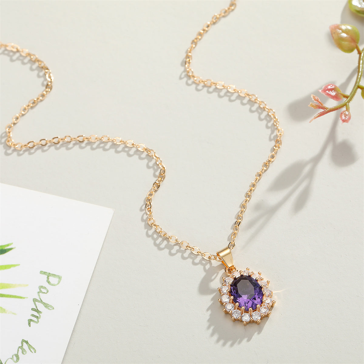 Purple Crystal & Cubic Zirconia Oval Pendant Necklace