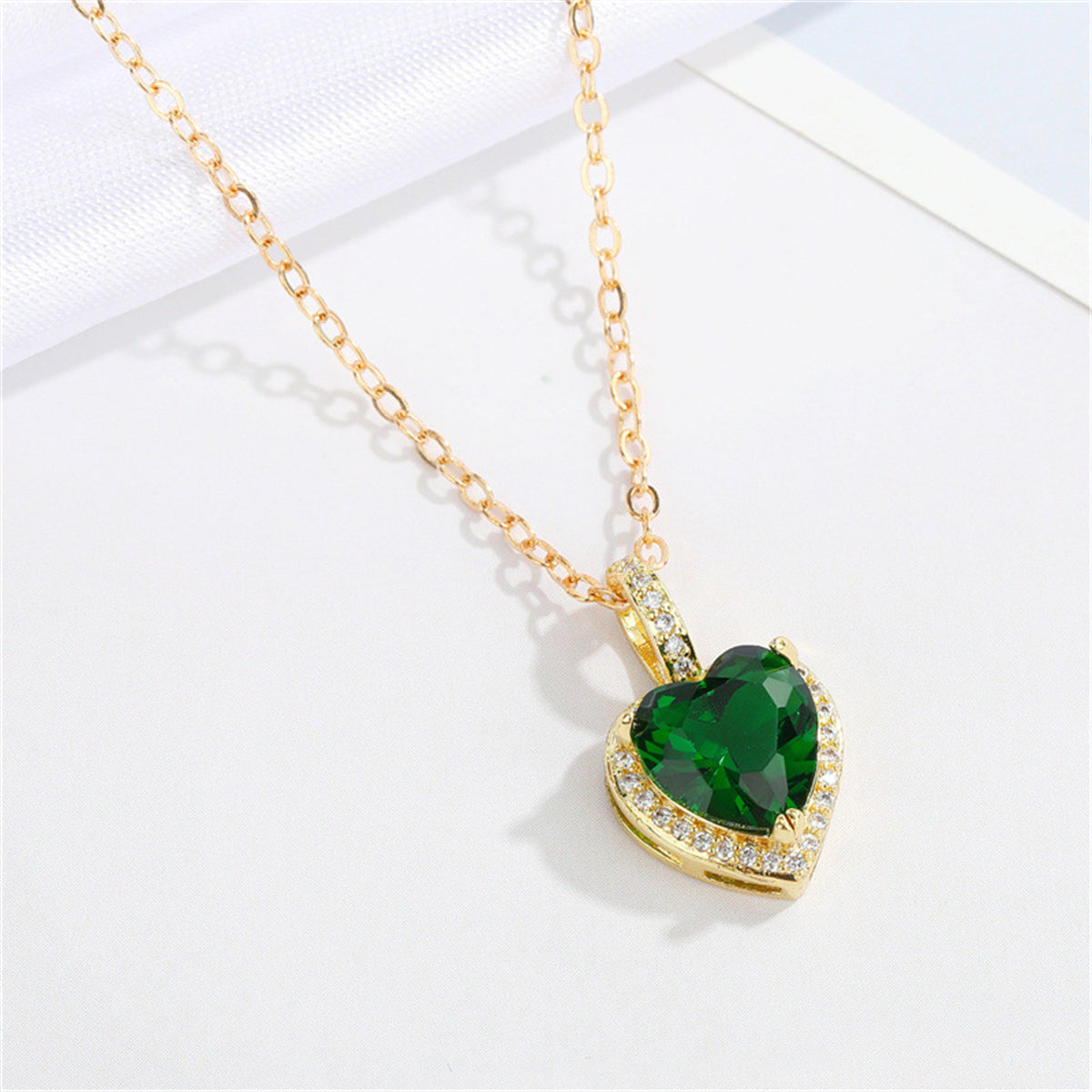 Green Crystal and Cubic Zirconia Heart Pendant Necklace, pendant necklace for women, everyday style, front view