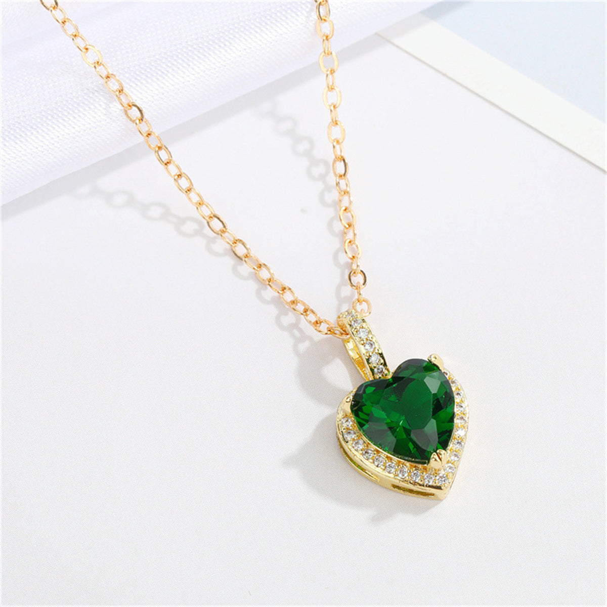 Green Crystal & Cubic Zirconia Heart Pendant Necklace