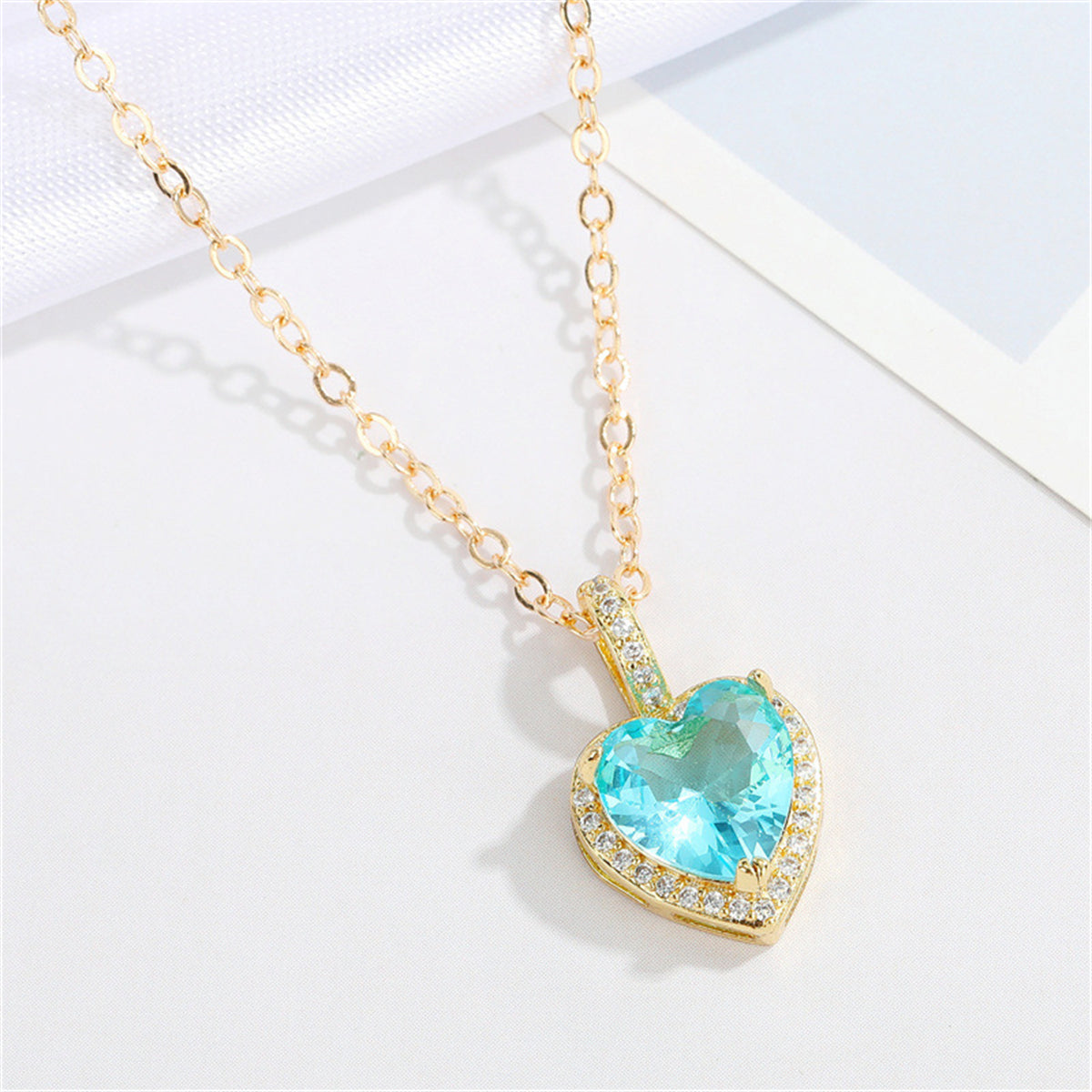 Lake Blue Crystal & Cubic Zirconia Heart Halo Pendant Necklace