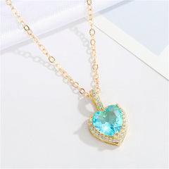Lake Blue Crystal & Cubic Zirconia Heart Halo Pendant Necklace