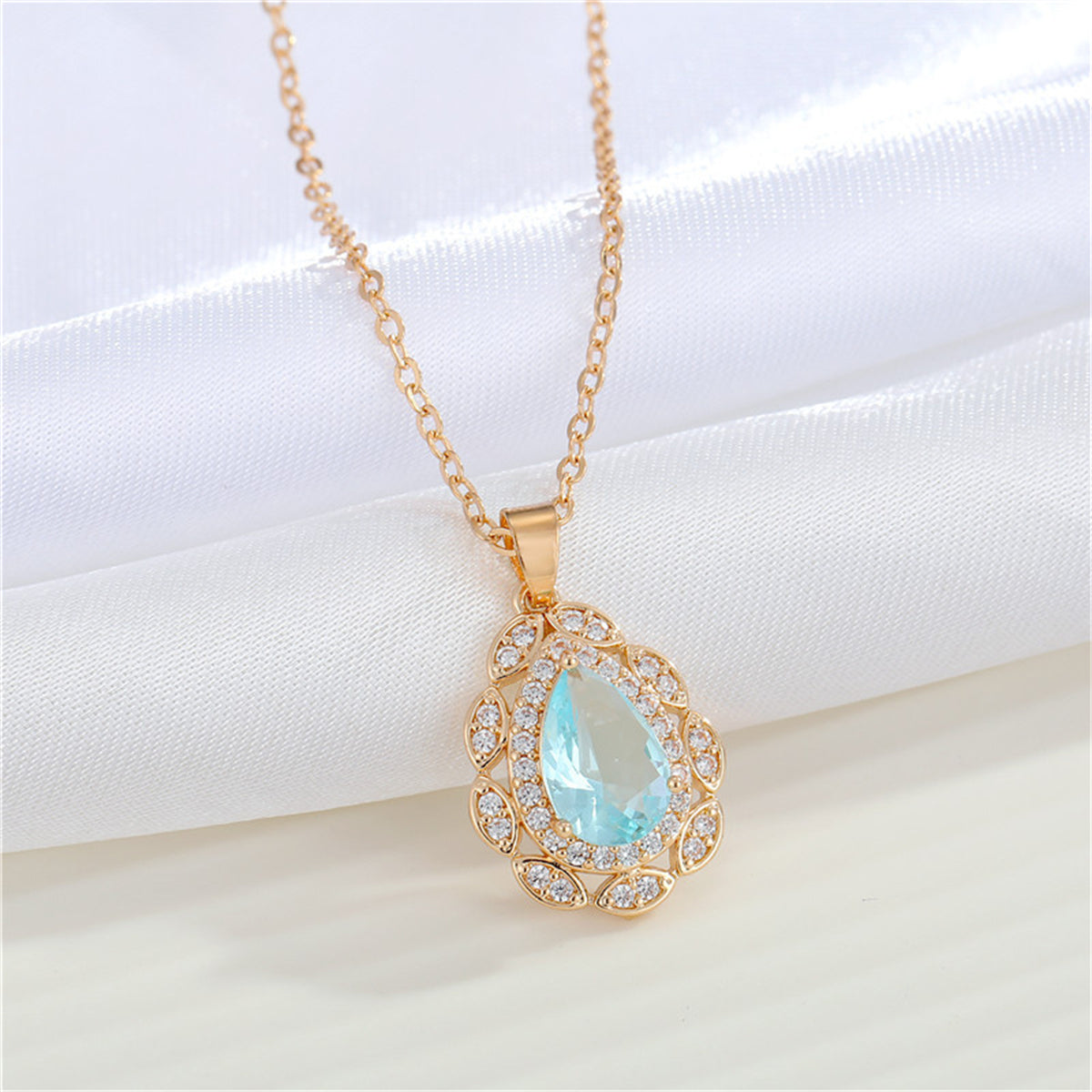 Light Blue Crystal and Clear Cubic Zirconia Hola Pendant Necklace, pendant necklace for women, front view