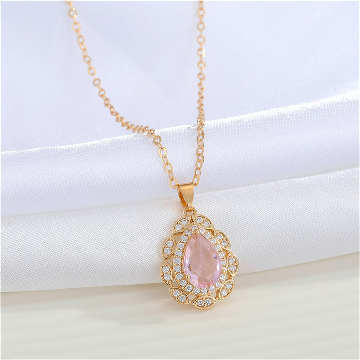 Pink Crystal and Cubic Zirconia Teardrop Pendant Necklace, pendant necklace for women, vintage-inspired design, front view