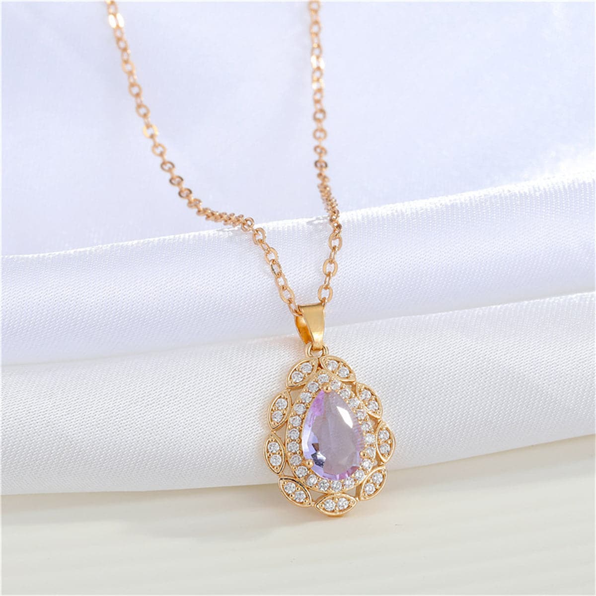 Purple Crystal and Cubic Zirconia Teardrop Pendant Necklace, pendant necklace for women, dainty minimalist design, front view