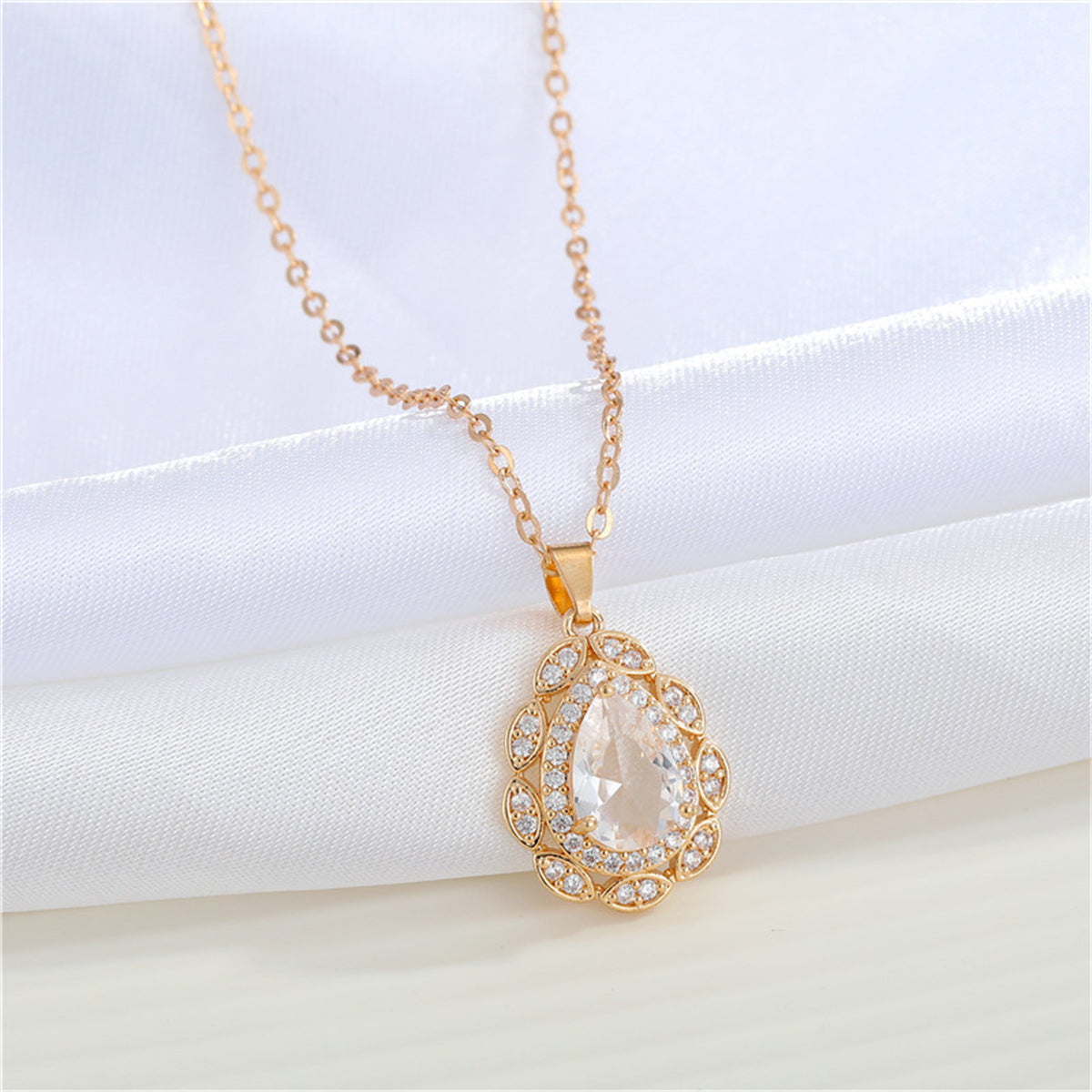 White Crystal and Cubic Zirconia Teardrop Pendant Necklace, pendant necklace for women, everyday style, front view