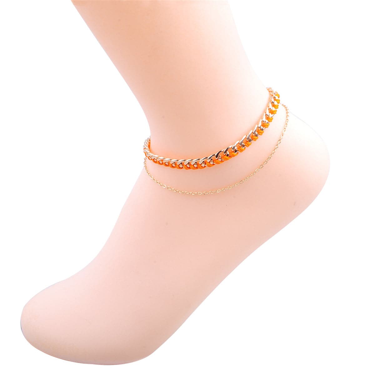 Eye-catching orange chain anklet complemented by a gold chain, designed with polyester and luxurious 18K gold plating.
