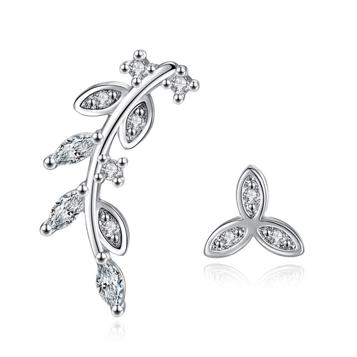 Cubic Zirconia Leaves Ear Climber & Silver-Plated Stud Earring