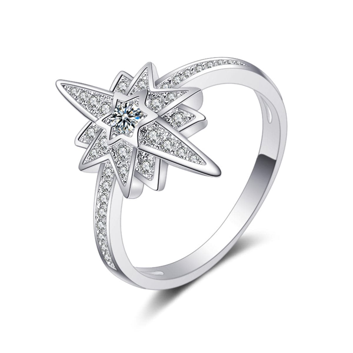 Cubic Zirconia & Silver-Plated Shinning Star Band Ring