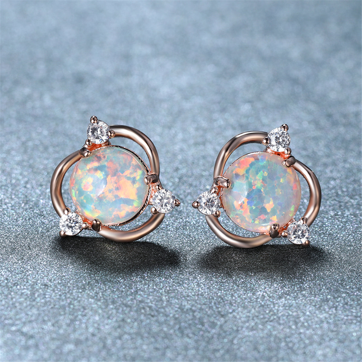 Opal and Cubic Zirconia Round Stud Earrings, stud earrings for women, dainty minimalist design, detail close-up
