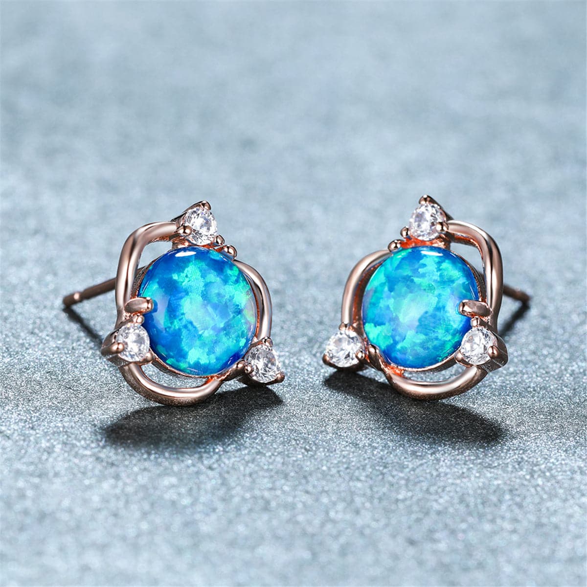 Blue Opal & Cubic Zirconia 18K Rose Gold-Plated Round Stud Earrings