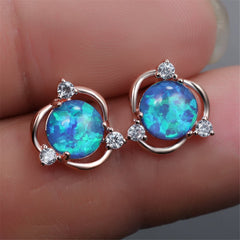 Blue Opal & Cubic Zirconia 18K Rose Gold-Plated Round Stud Earrings