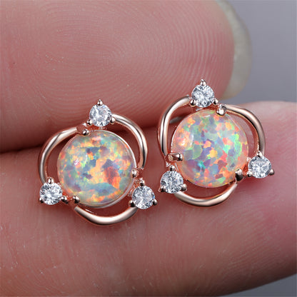 Opal and Cubic Zirconia Round Stud Earrings, stud earrings for women, dainty minimalist design, lifestyle look