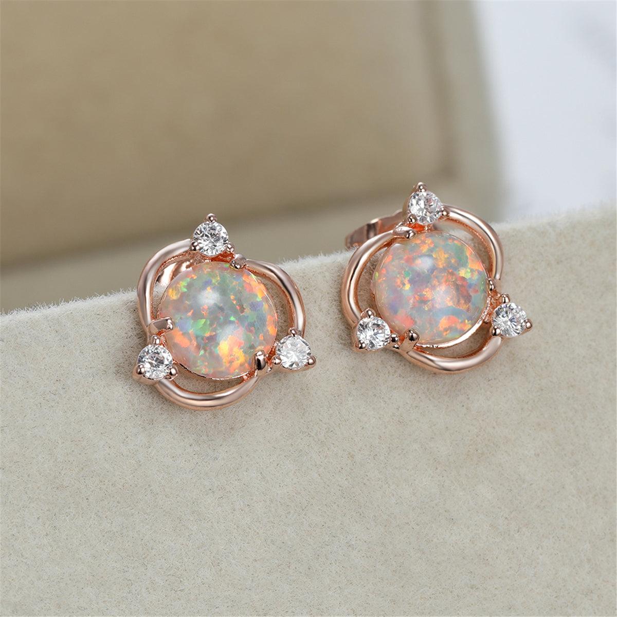 Opal and Cubic Zirconia Round Stud Earrings, stud earrings for women, dainty minimalist design, side view
