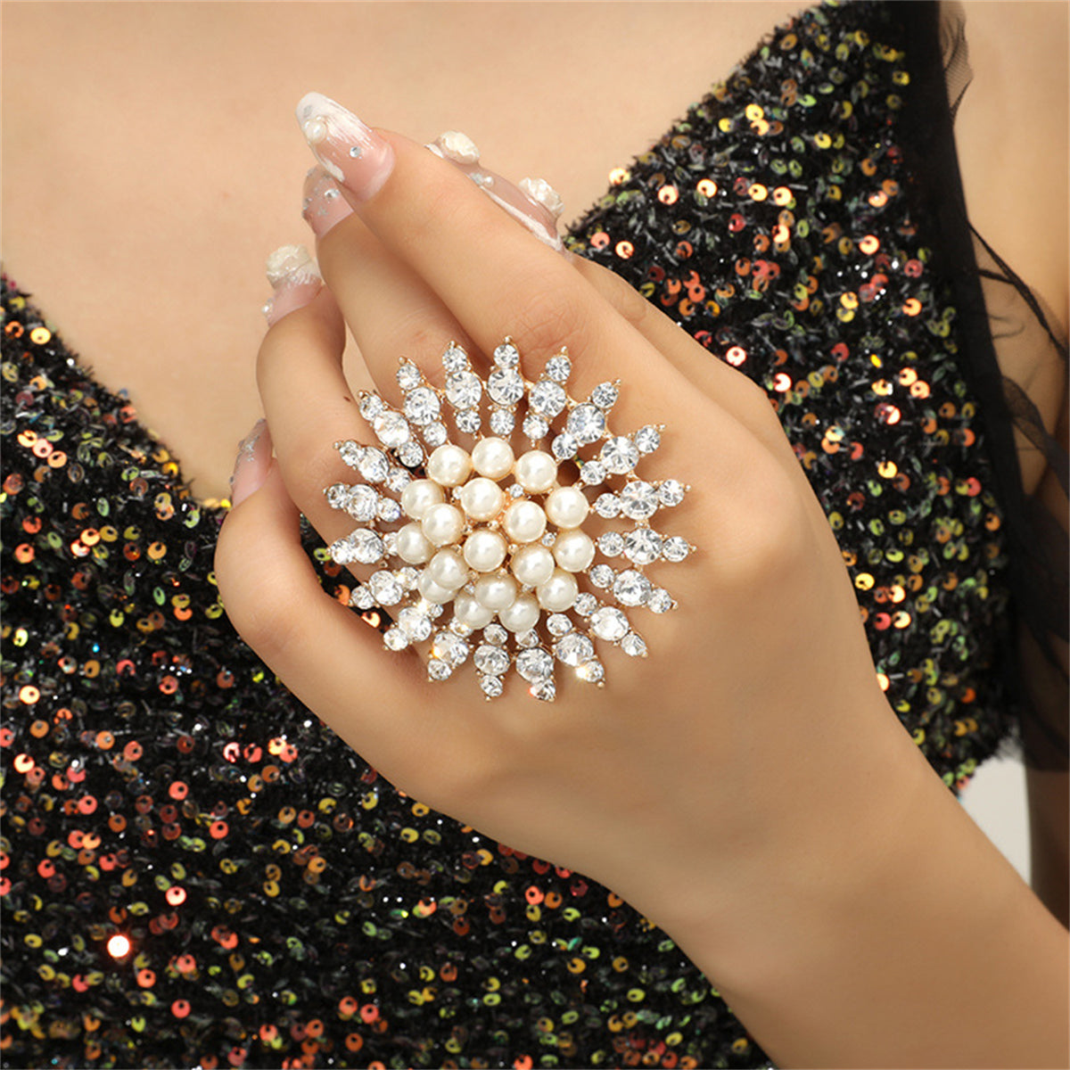 Cubic Zirconia and Pearl 18K Gold-Plated Floral Statement Ring, gold statement rings for women, front view