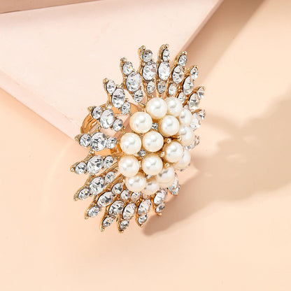 Cubic Zirconia and Pearl 18K Gold-Plated Floral Statement Ring, gold statement rings for women, styled look