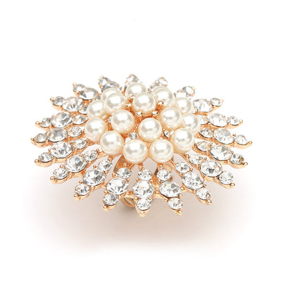 Cubic Zirconia and Pearl 18K Gold-Plated Floral Statement Ring, gold statement rings for women, detail close-up