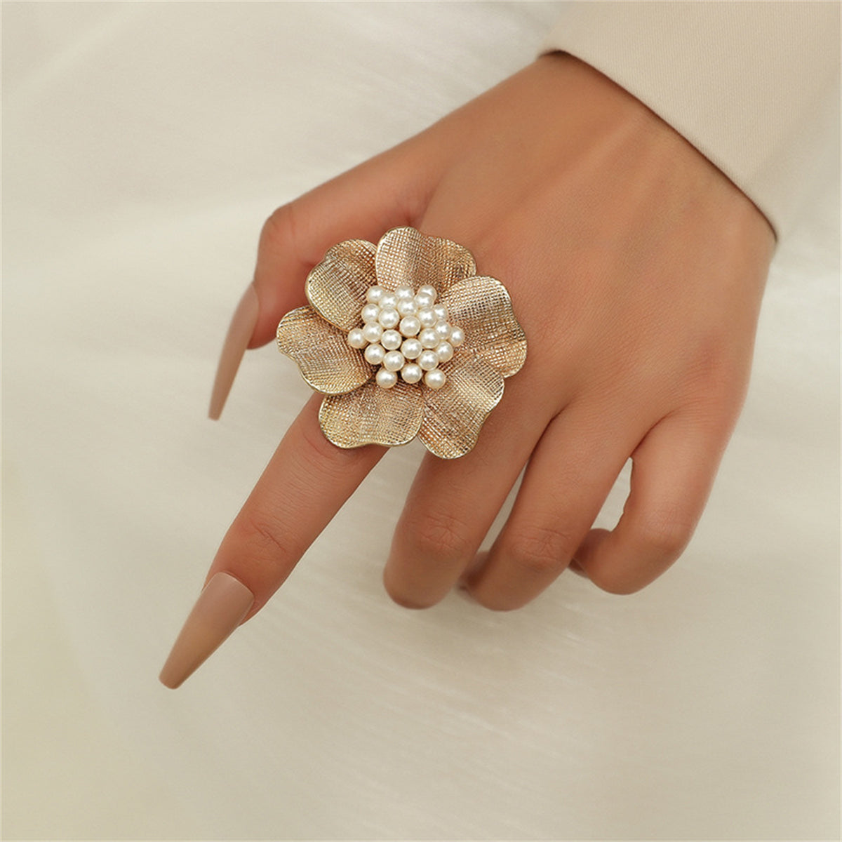 Pearl and 18K Gold-Plated Flower Statement Ring, gold statement rings for women, everyday style, front view