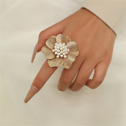 Pearl and 18K Gold-Plated Flower Statement Ring, gold statement rings for women, everyday style, front view