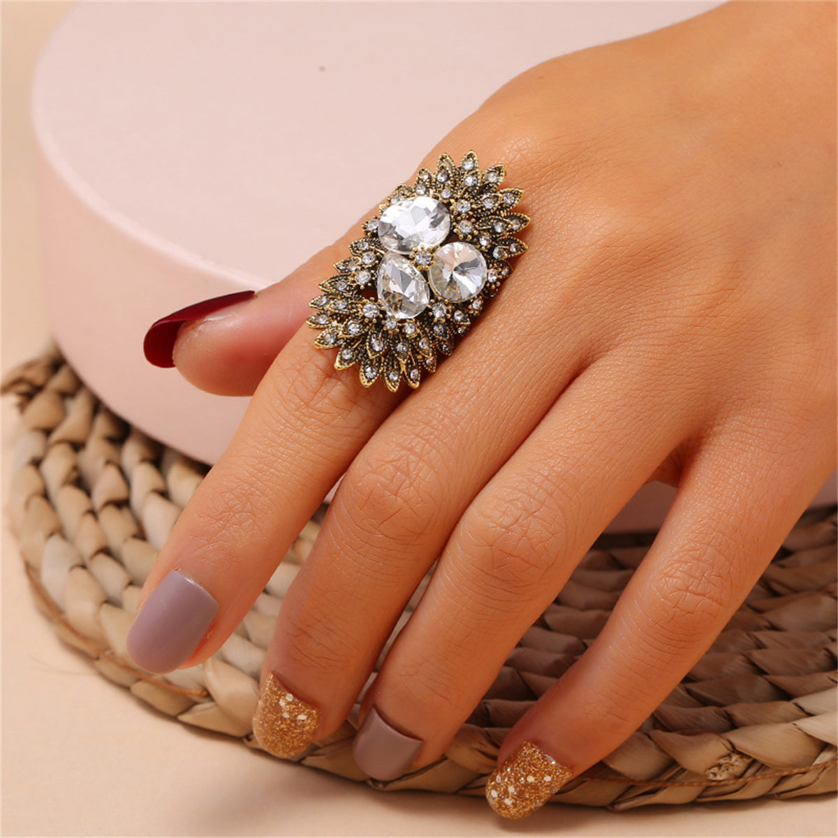 Crystal and Cubic Zirconia 18K Gold-Plated Botany Statement Ring, gold statement rings for women, front view