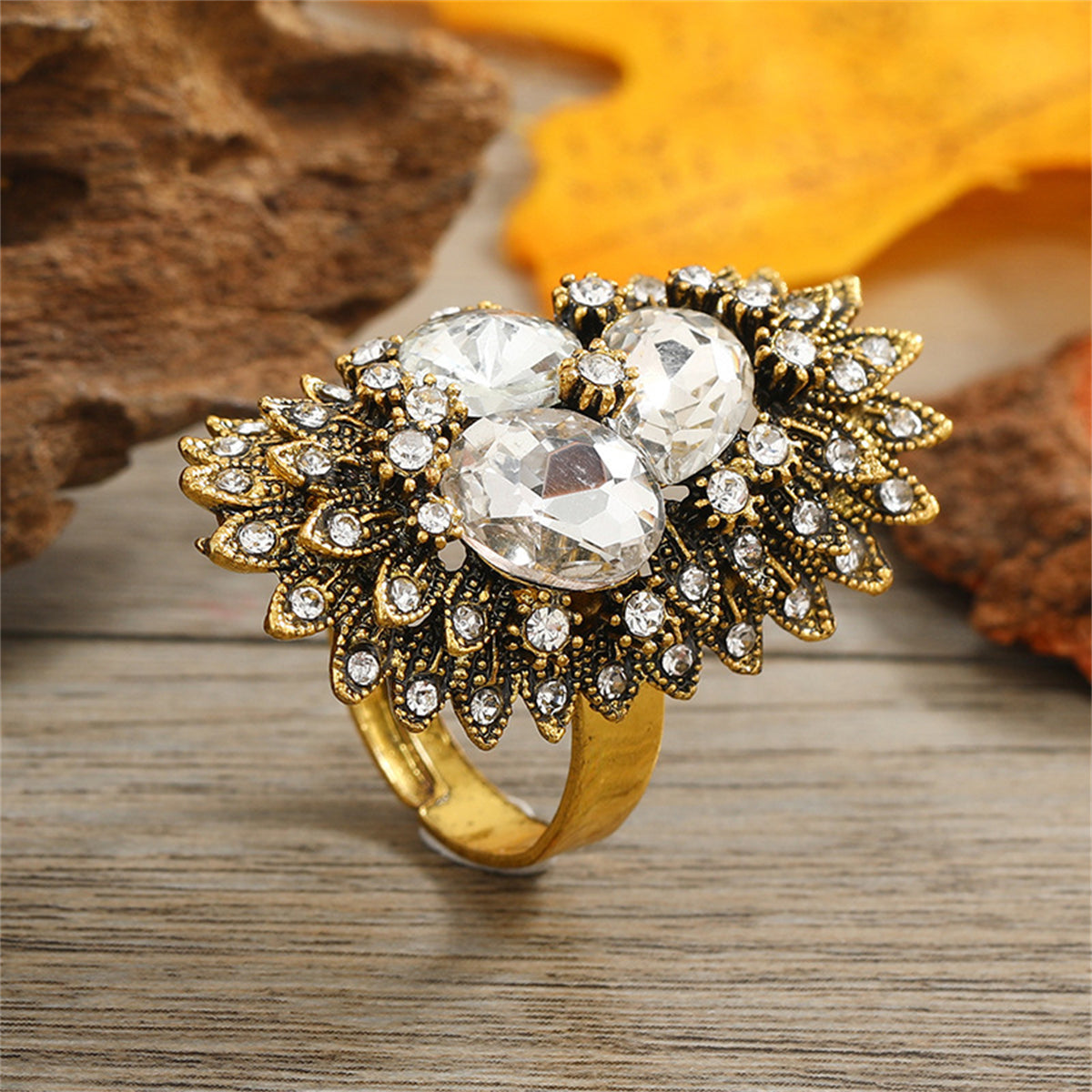 Crystal and Cubic Zirconia 18K Gold-Plated Botany Statement Ring, gold statement rings for women, detail close-up