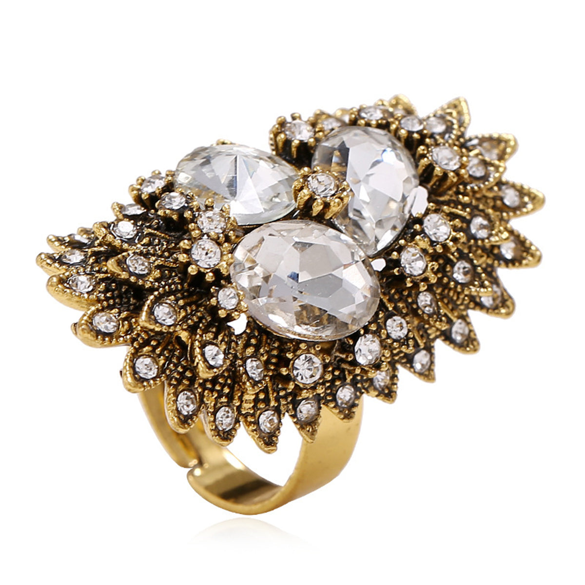 Crystal and Cubic Zirconia 18K Gold-Plated Botany Statement Ring, gold statement rings for women, side view
