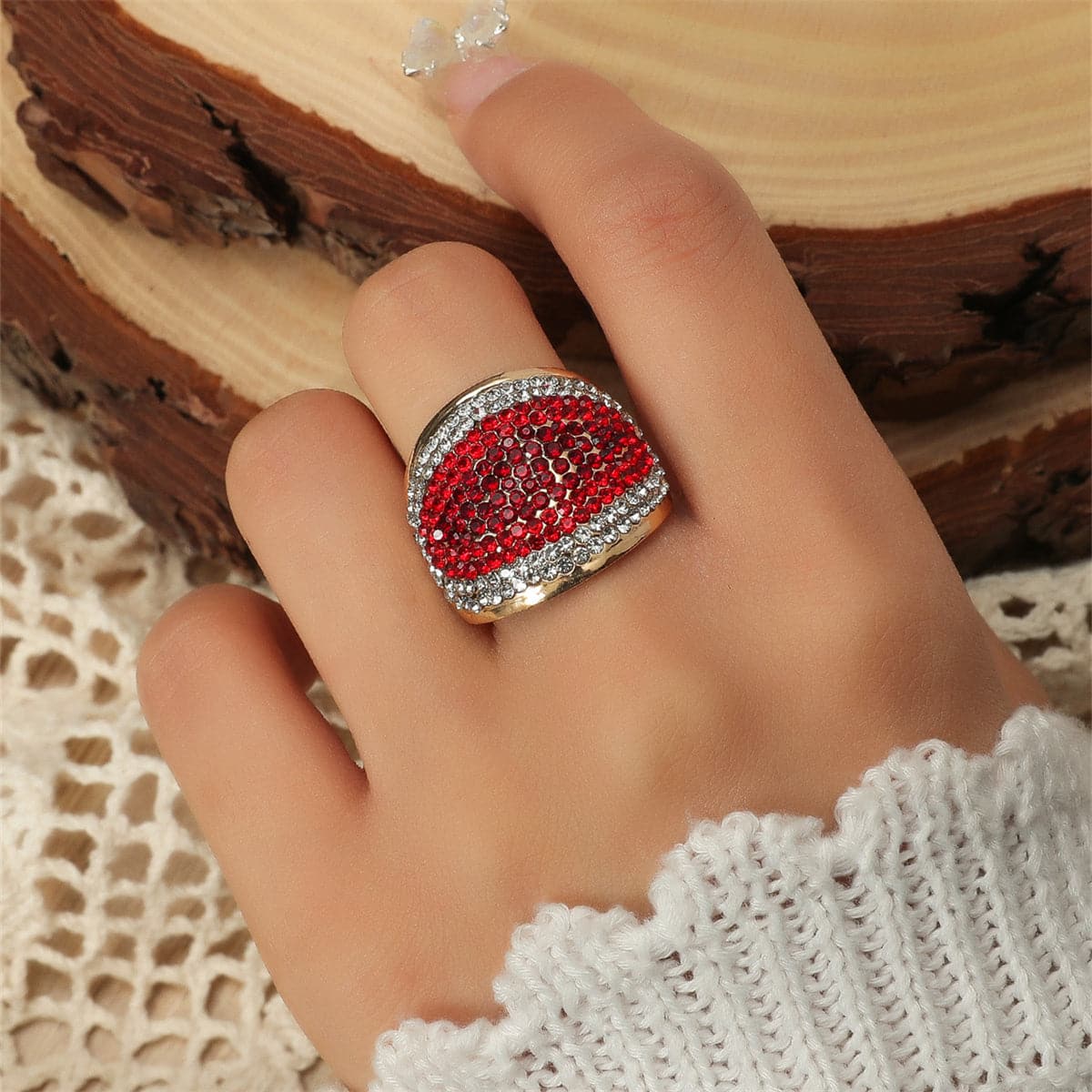 Red Cubic Zirconia and 18K Gold-Plated Eye Adjustable Ring, gold statement rings for women, everyday style, lifestyle look