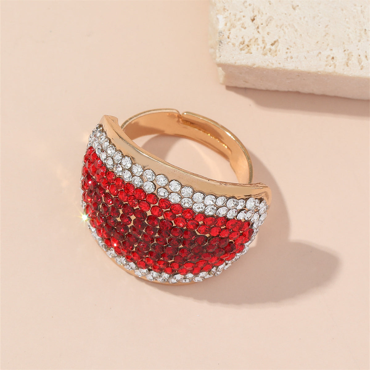 Red Cubic Zirconia and 18K Gold-Plated Eye Adjustable Ring, gold statement rings for women, everyday style, detail close-up
