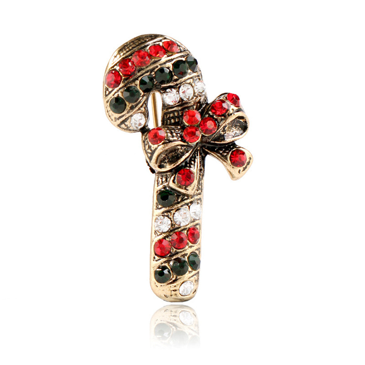 Black Cubic Zirconia and 18K Gold-Plated Candy Cane Brooch, gold brooch pin, everyday style, detail close-up