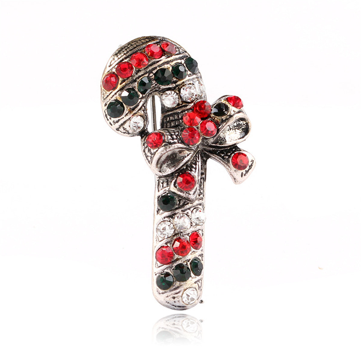 Black and Red Cubic Zirconia and Silver-Plated Bow Candy Cane Brooch, silver brooch pin, elegant gift for her, front view