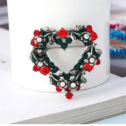 Red and Green Cubic Zirconia Silver-Plated Heart Brooch, silver brooch pin, dainty minimalist design, front view