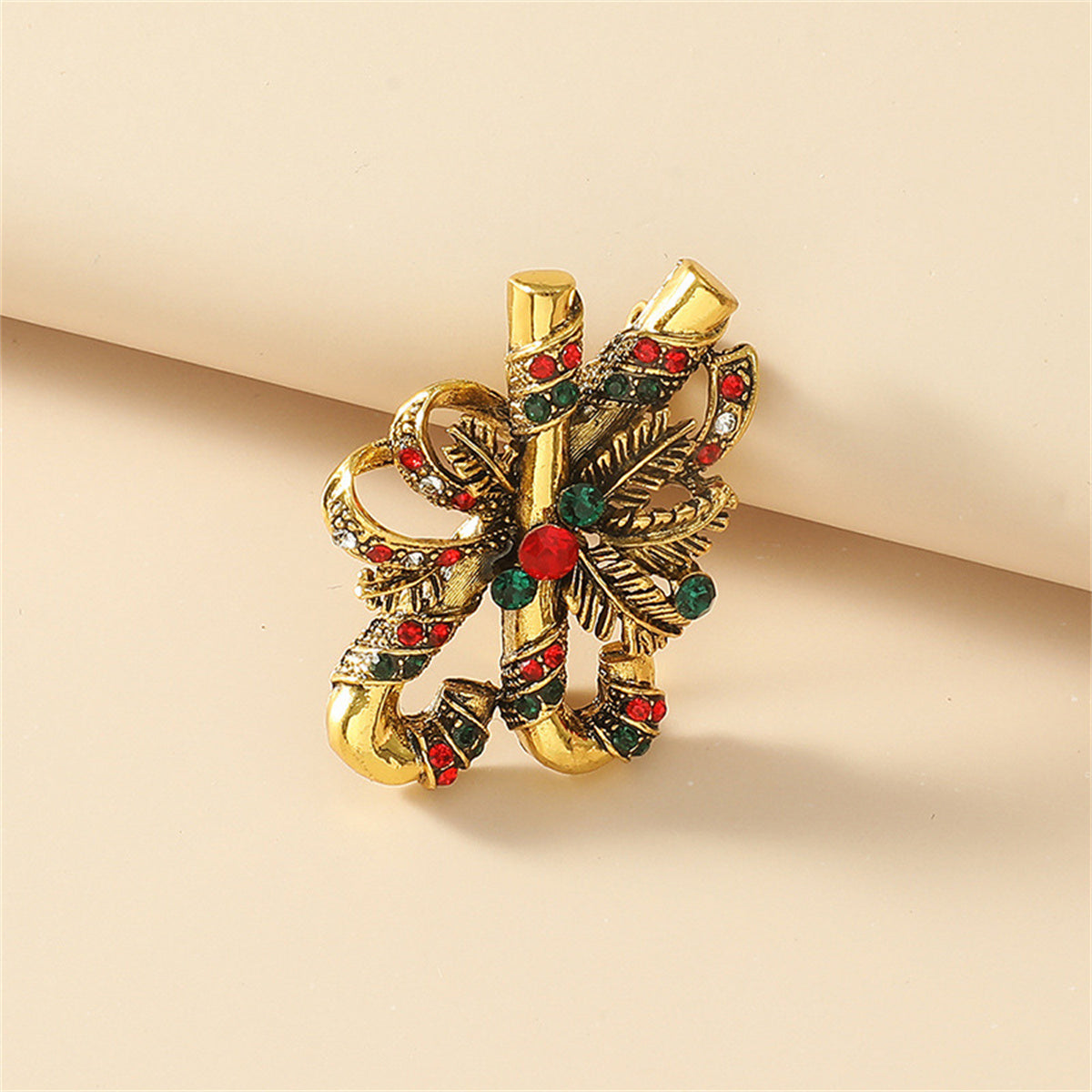 Green Cubic Zirconia and 18K Gold-Plated Double Candy Cane Brooch, gold brooch pin, elegant gift for her, side view