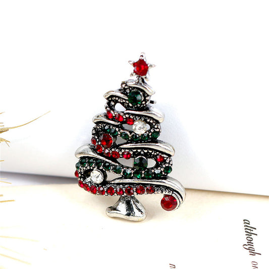 Red and Green Cubic Zirconia Openwork Pavé Christmas Tree Brooch, brooch pin, botanical inspired, front view