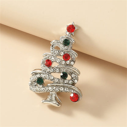 Red and Green Cubic Zirconia Silver-Plated Holiday Tree Brooch, silver brooch pin, elegant gift for her, front view