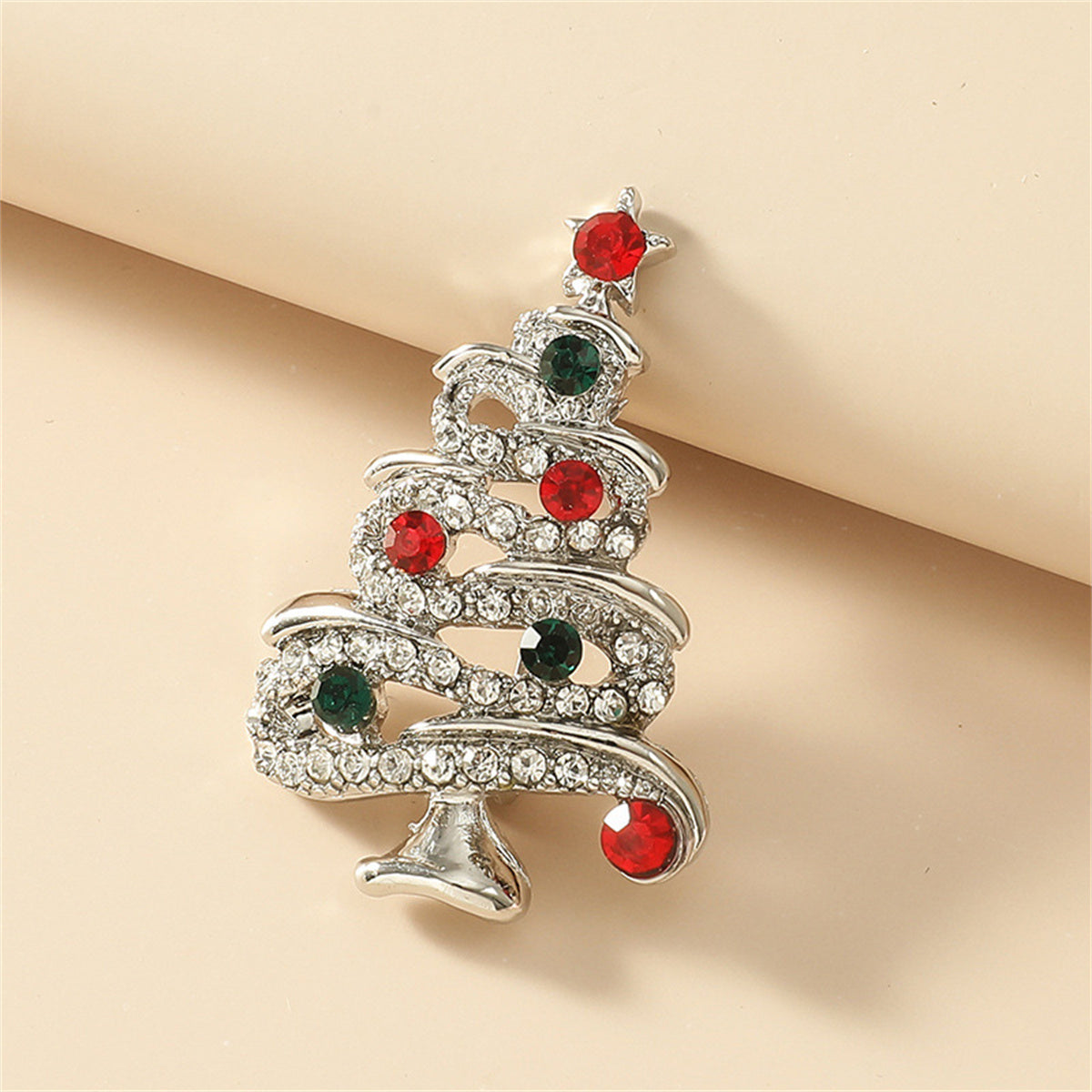 Red & Green Cubic Zirconia Silver-Plated Holiday Tree Brooch