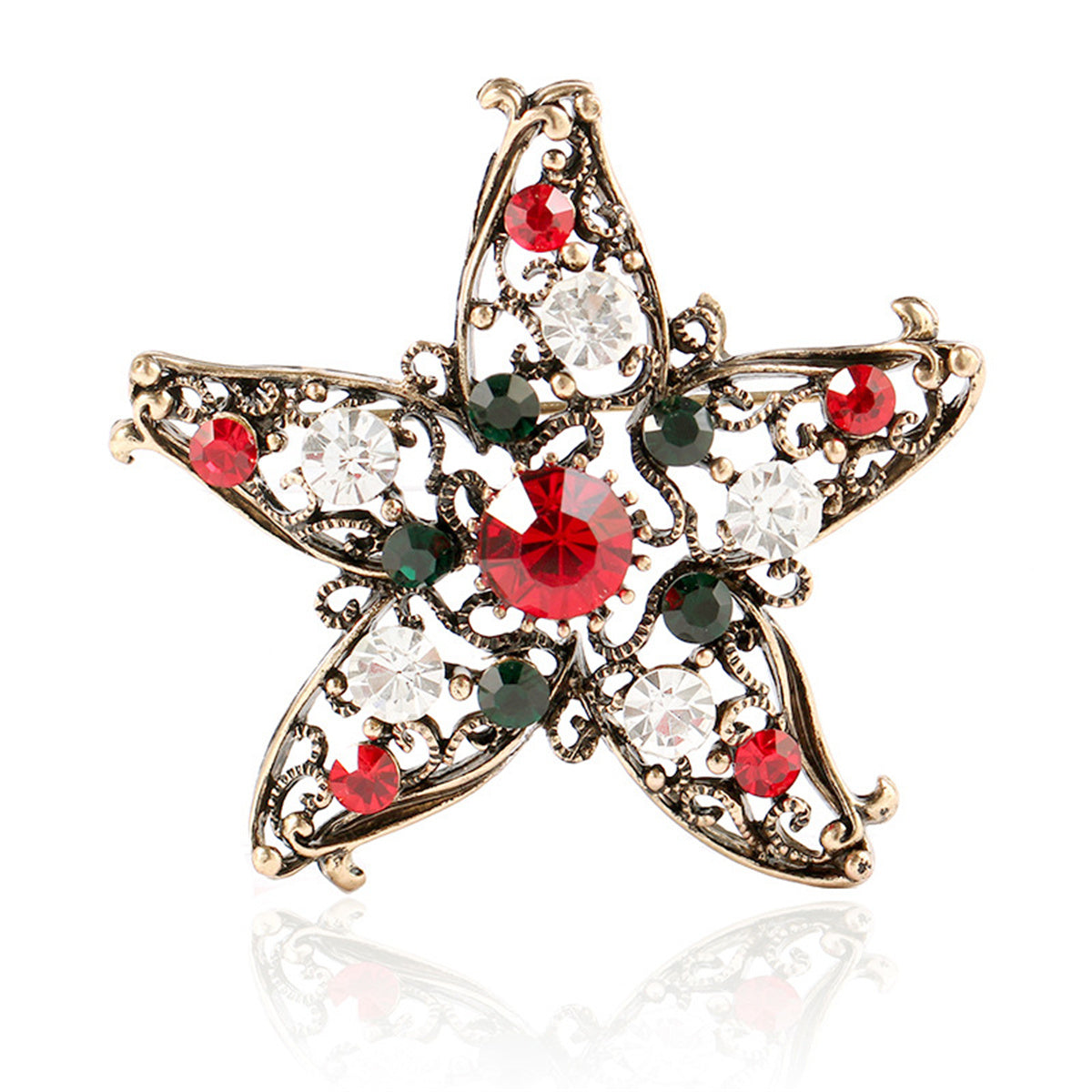 Red and Multicolor Cubic Zirconia and 18K Gold-Plated Star Brooch, gold brooch pin, dainty minimalist design, front view